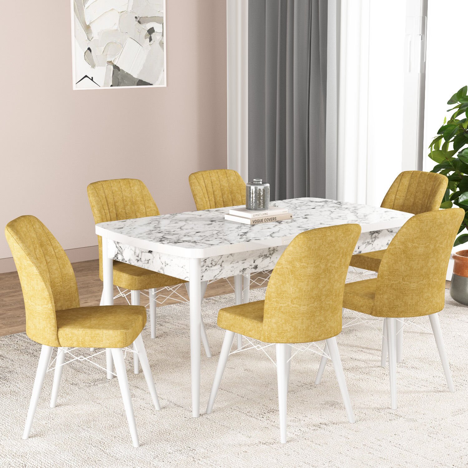 Hestia Series Kitchen Table Set with 6 Chairs White Marble MUSTARD