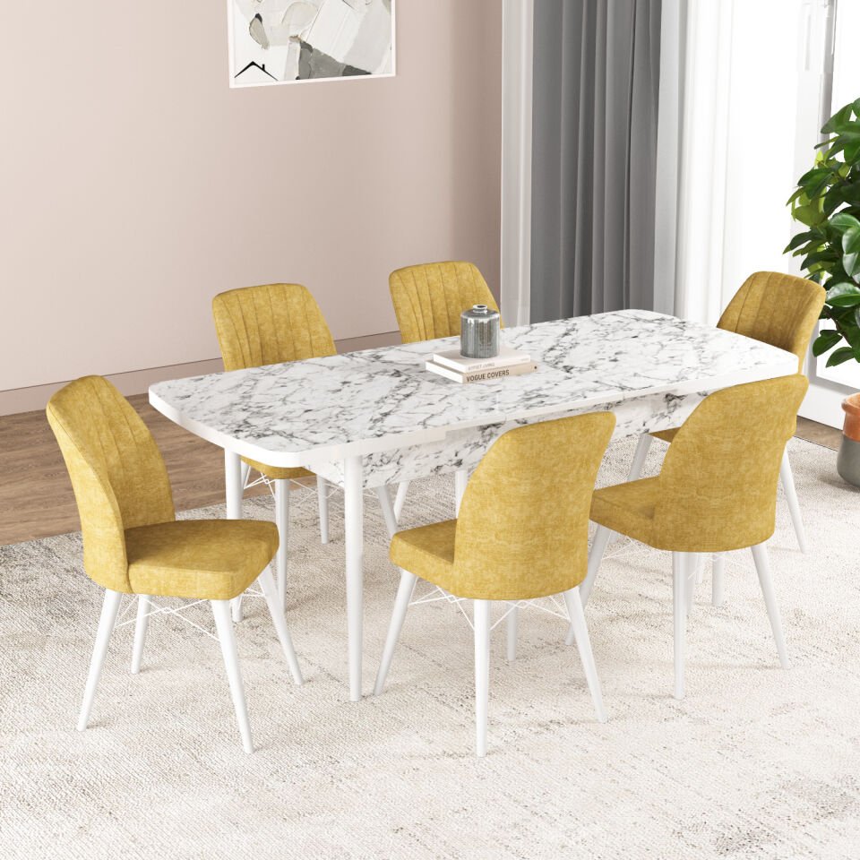 Hestia Series Kitchen Table Set with 6 Chairs White Marble MUSTARD