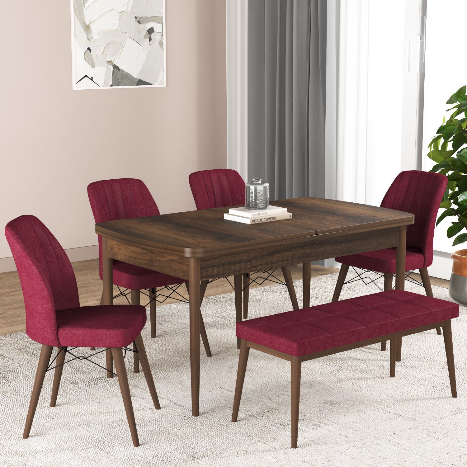 Küchentisch-Set aus der Hestia-Serie mit Bank, Nussbaum, CLARET-Rot