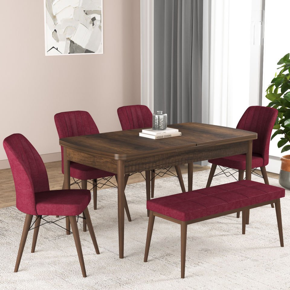 Küchentisch-Set aus der Hestia-Serie mit Bank, Nussbaum, CLARET-Rot