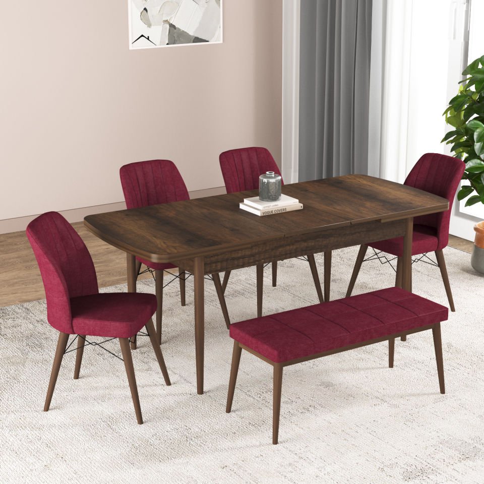 Küchentisch-Set aus der Hestia-Serie mit Bank, Nussbaum, CLARET-Rot