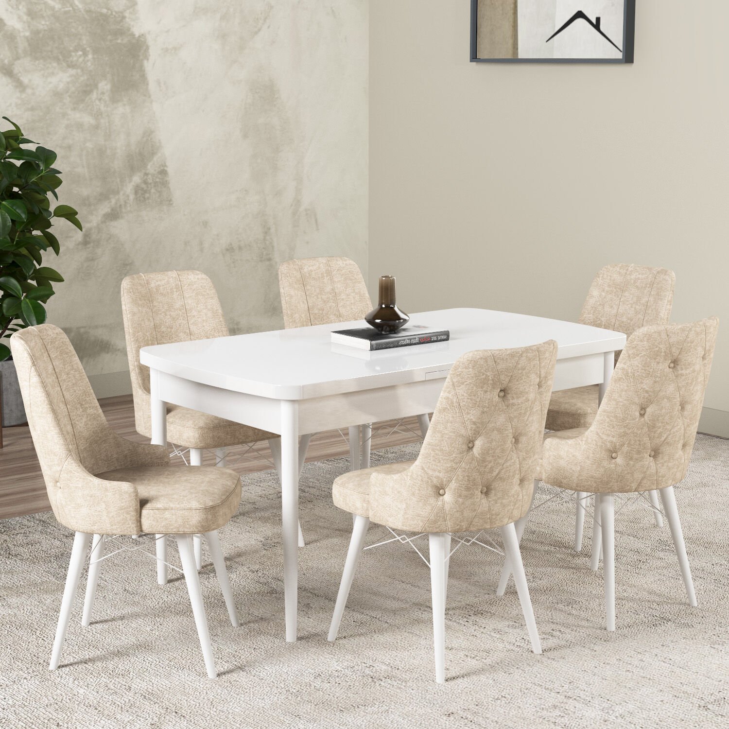 Küchentisch-Set der Hera-Serie mit 6 Stühlen, schlichtes Weiß, Creme