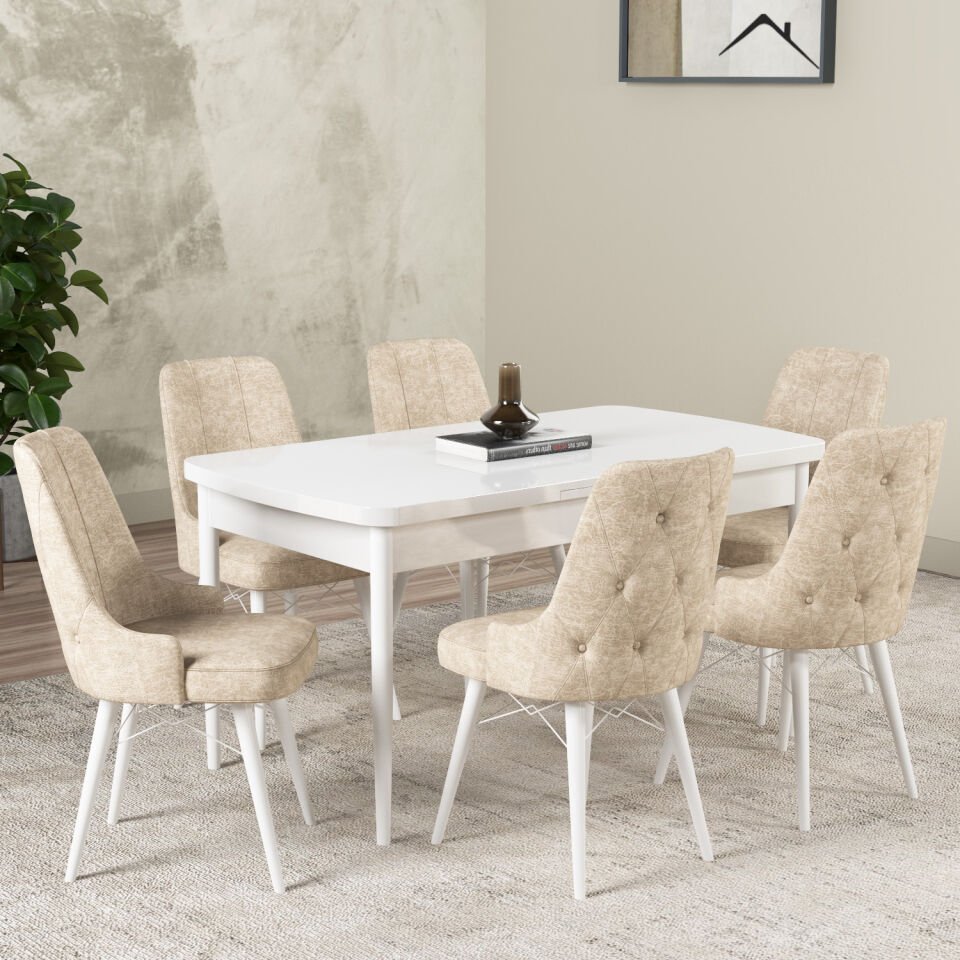 Küchentisch-Set der Hera-Serie mit 6 Stühlen, schlichtes Weiß, Creme