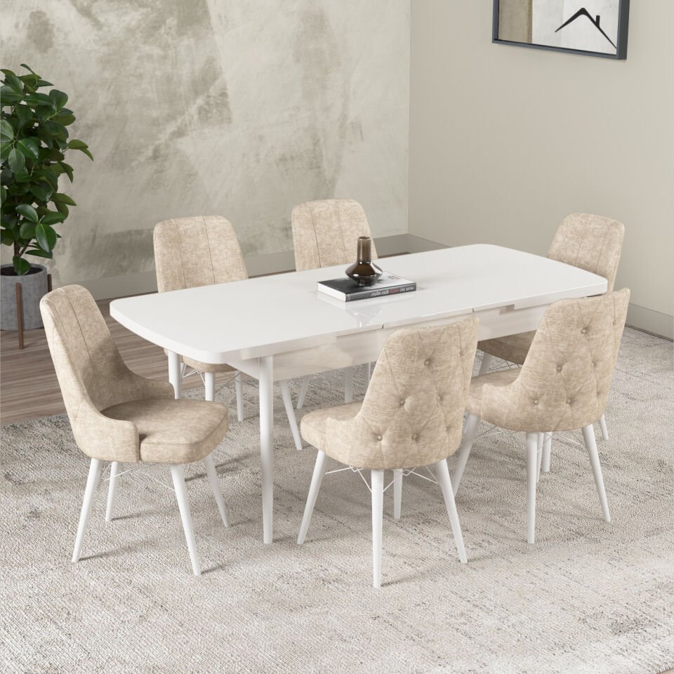 Küchentisch-Set der Hera-Serie mit 6 Stühlen, schlichtes Weiß, Creme