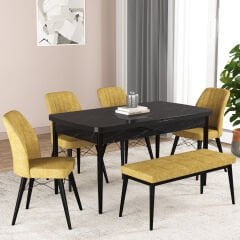 Hestia Series Kitchen Table Set Black Marble with Bench