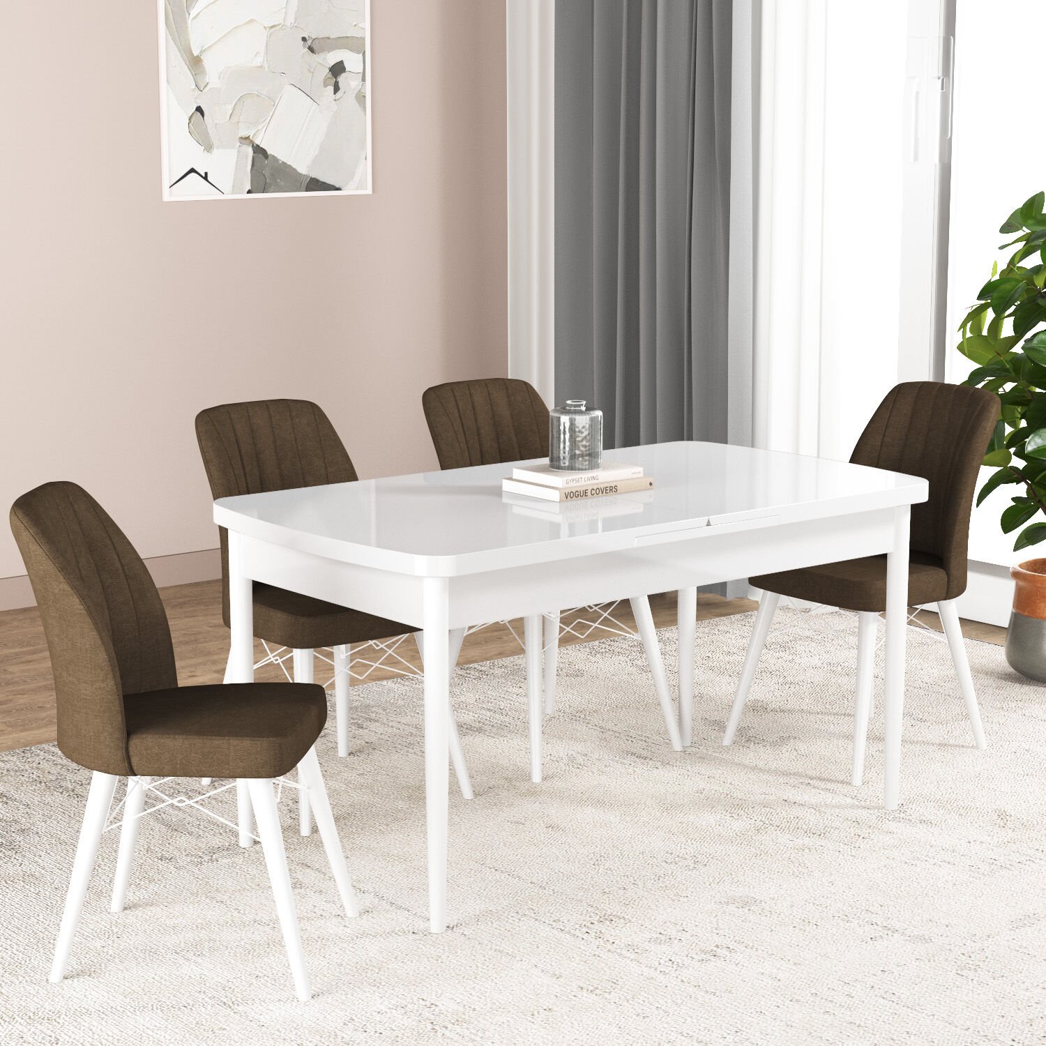 Hestia Series Kitchen Table Set with 4 Chairs Plain White
