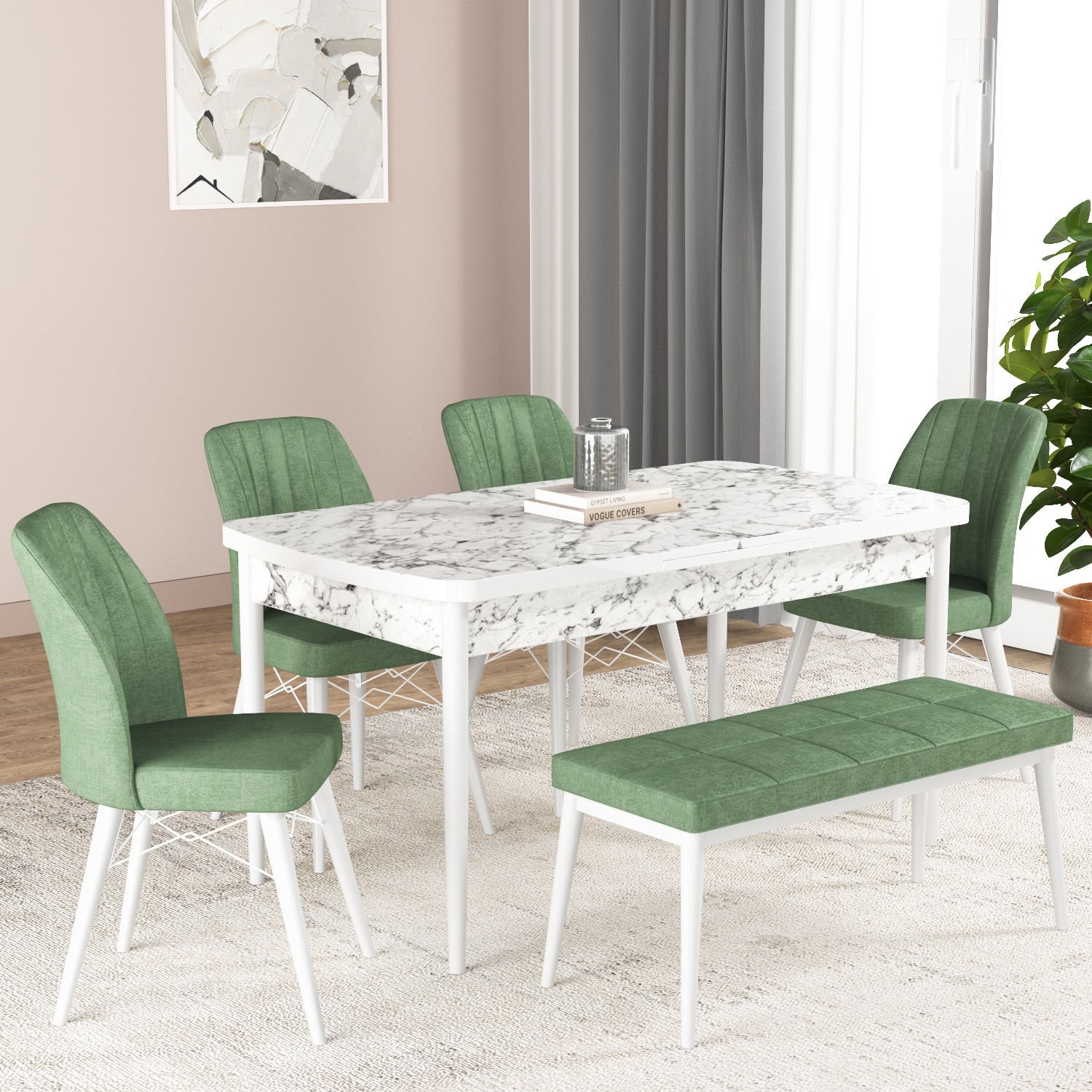 Hestia Series Kitchen Table Set White Marble with Bench