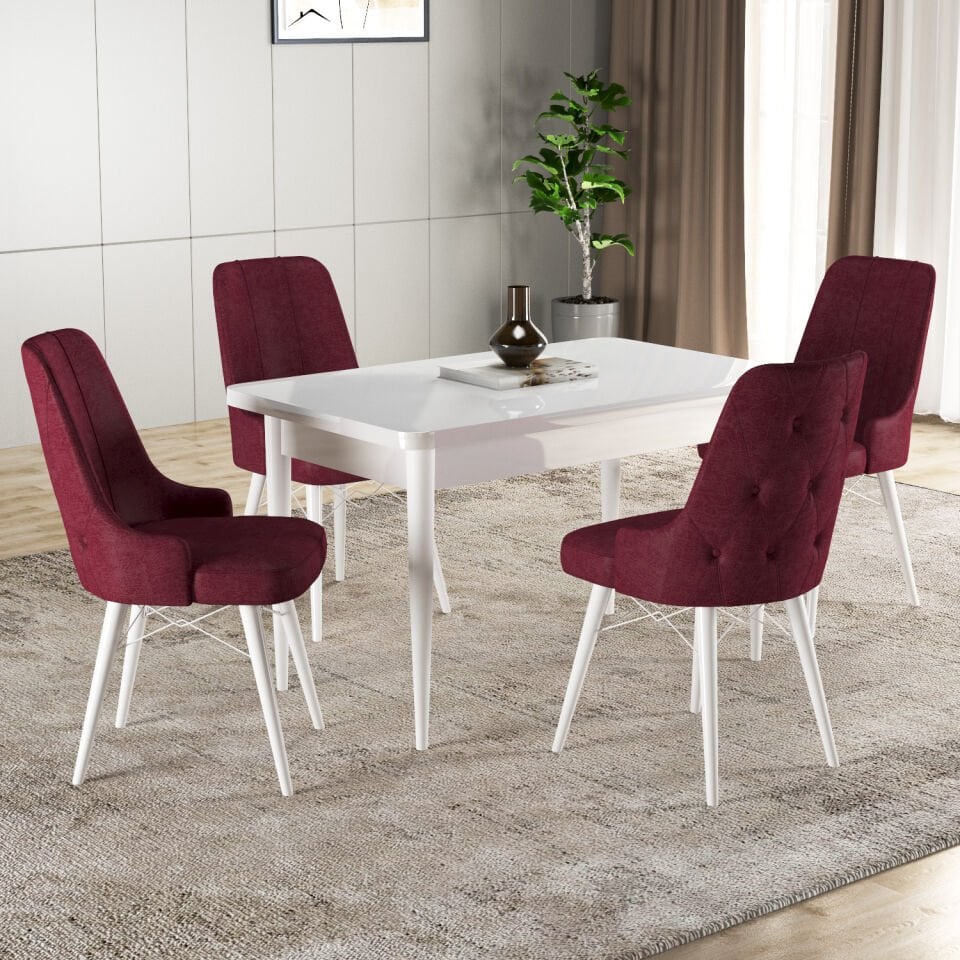 Hera Series Fixed Kitchen Table Set with 4 Chairs Plain White CLARET red