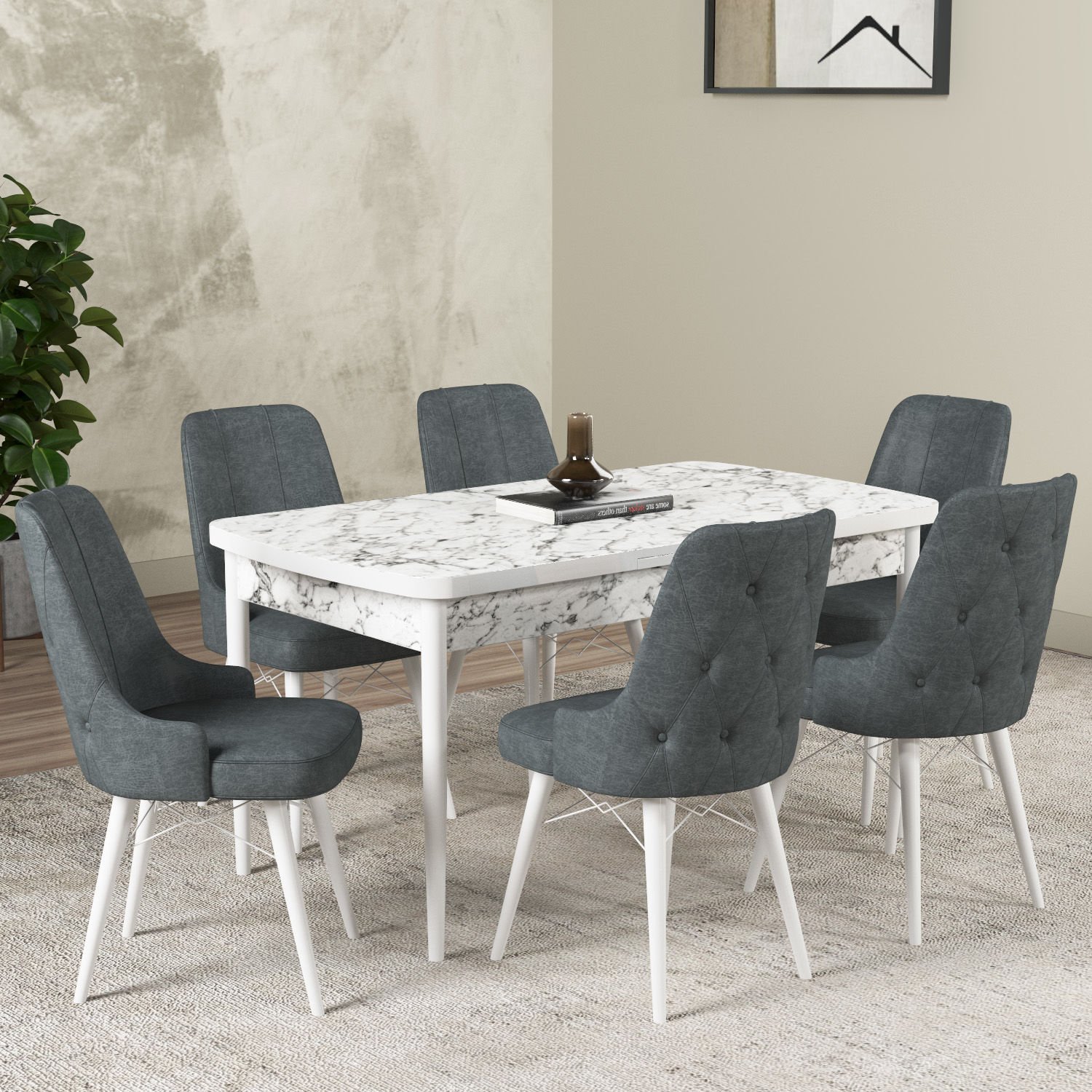 Hera Series Kitchen Table Set with 6 Chairs White Marble