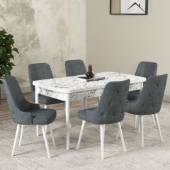 Hera Series Kitchen Table Set with 6 Chairs White Marble