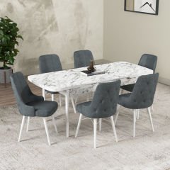 Hera Series Kitchen Table Set with 6 Chairs White Marble