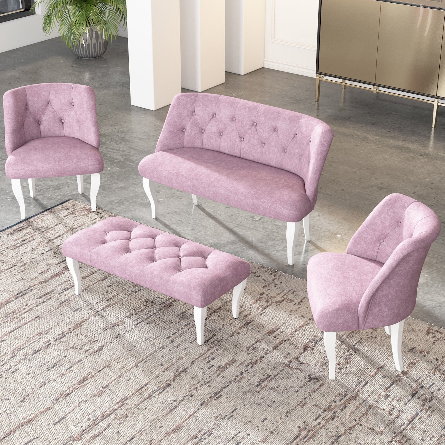 Çayseti Oturma Grubu (2+1+1+ PUF Beyaz Ayak) PEMBE