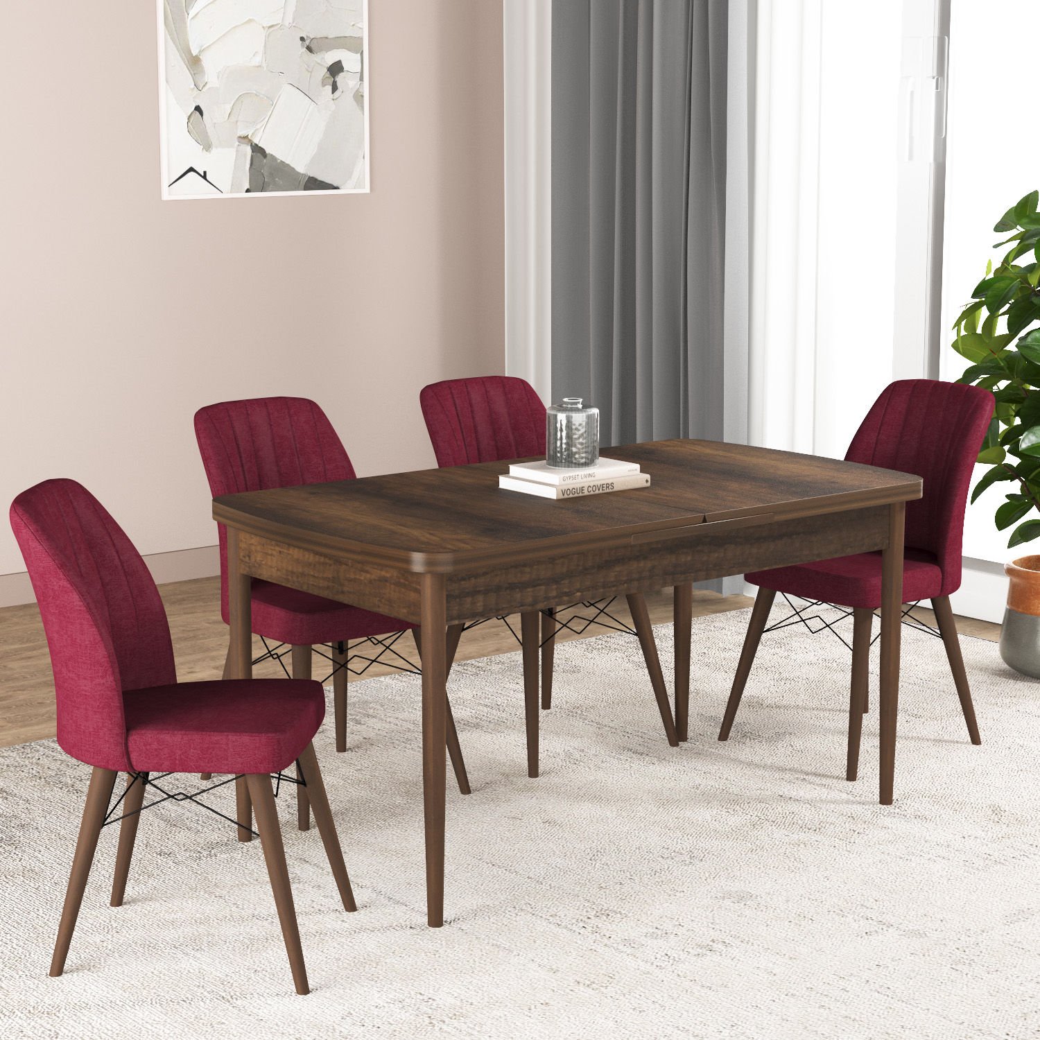 Hestia Series Kitchen Table Set with 4 Chairs Walnut CLARET red