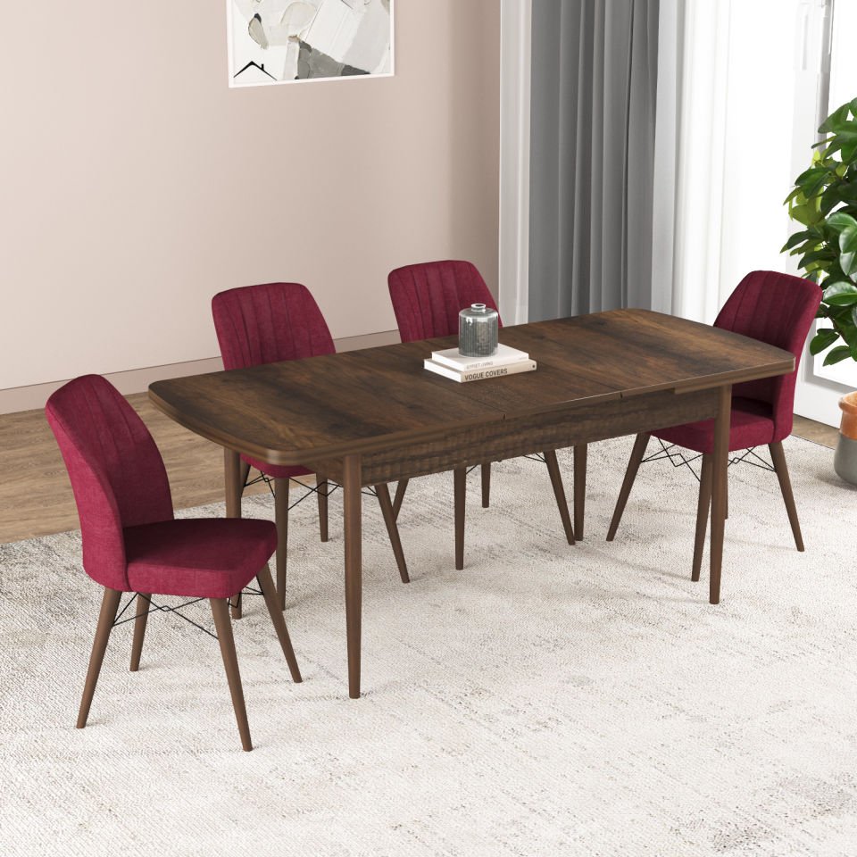 Hestia Series Kitchen Table Set with 4 Chairs Walnut CLARET red