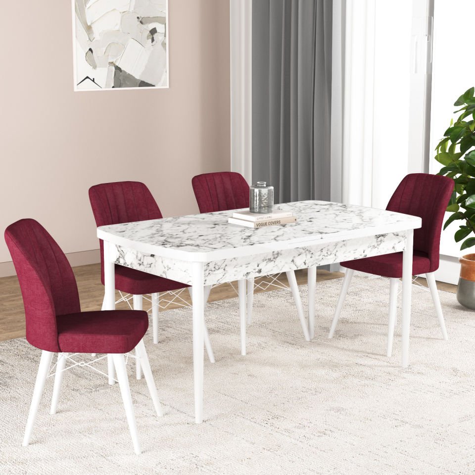 Hestia Series Kitchen Table Set with 4 Chairs White Marble CLARET red