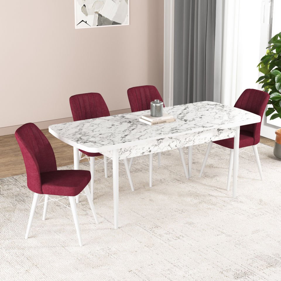 Hestia Series Kitchen Table Set with 4 Chairs White Marble CLARET red